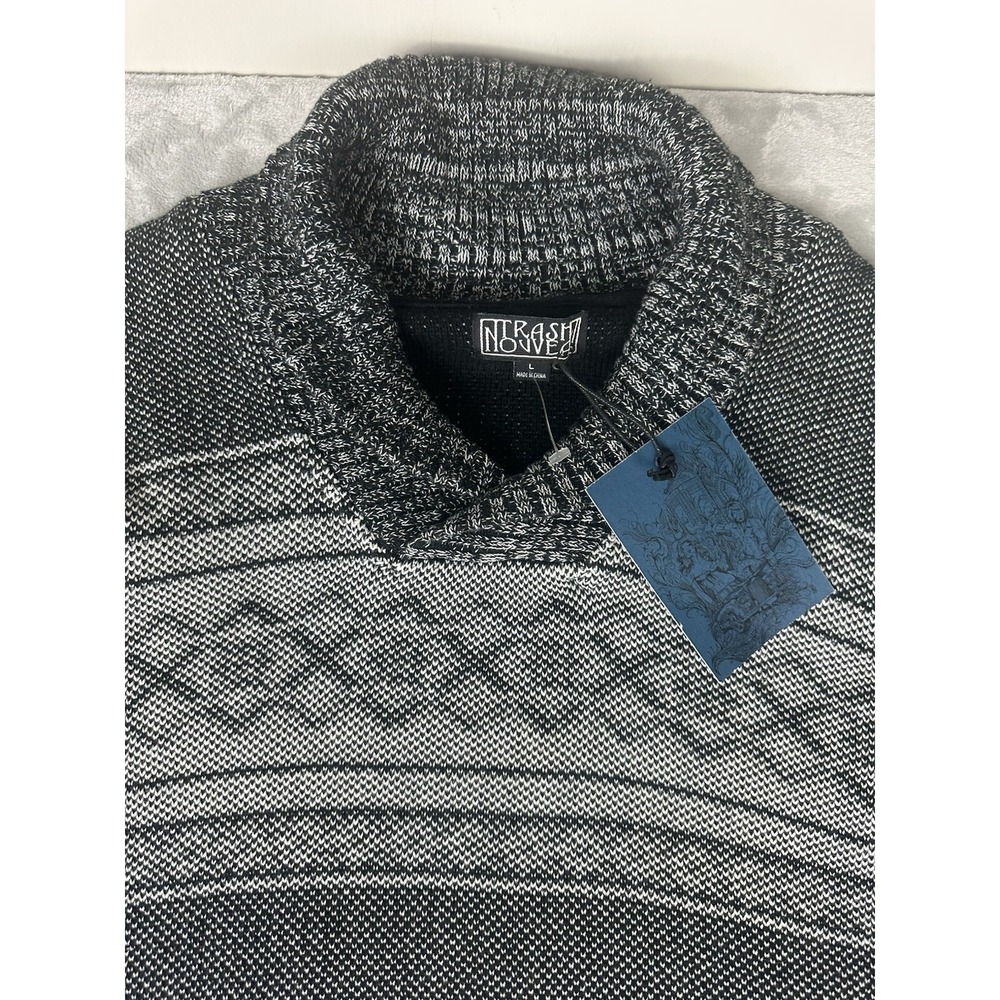 Trash Nouveau Knit Pullover Sweater Shawl Collar Mens Large Black Gray Rag Seam
